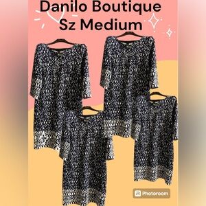 DANILO BOUTIQUE DRESS IN BLACK AND WHITE W STRING TIE NECK OPENING SZ:M LIKE NEW